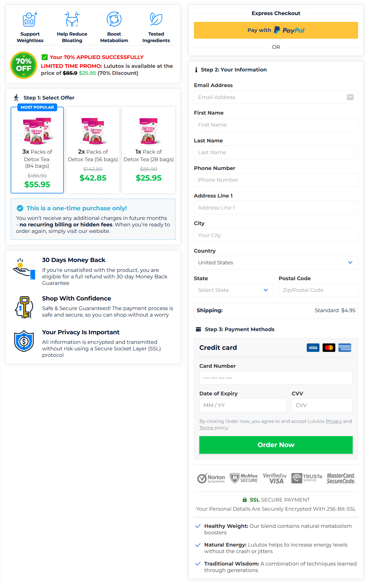 Lulutox Detox Tea checkout page